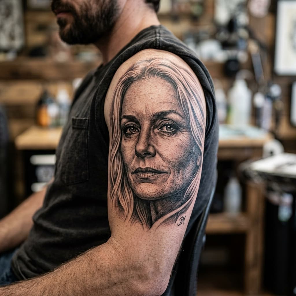 Portrait N&B Réaliste — tatouage chicano Lyon
