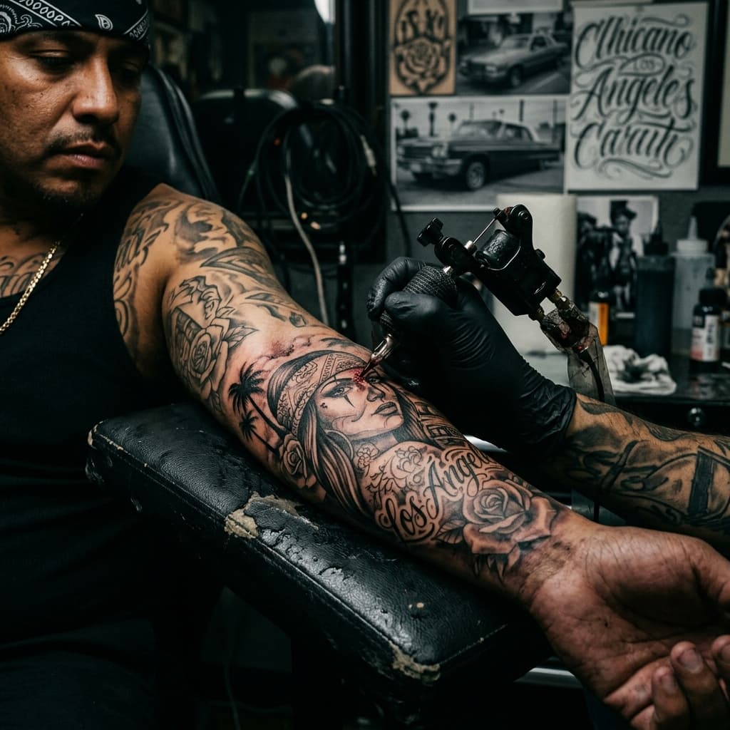 Art Chicano — tatouage traditionnel Lyon Rider